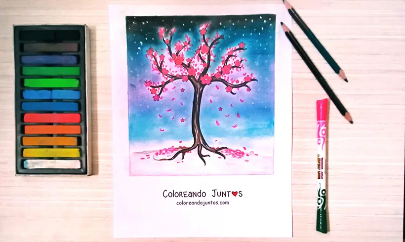 Desenho de cerejeira colorida pela Colorindo Juntos