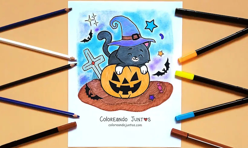 Desenho de gato de Halloween colorido pela Colorindo Juntos