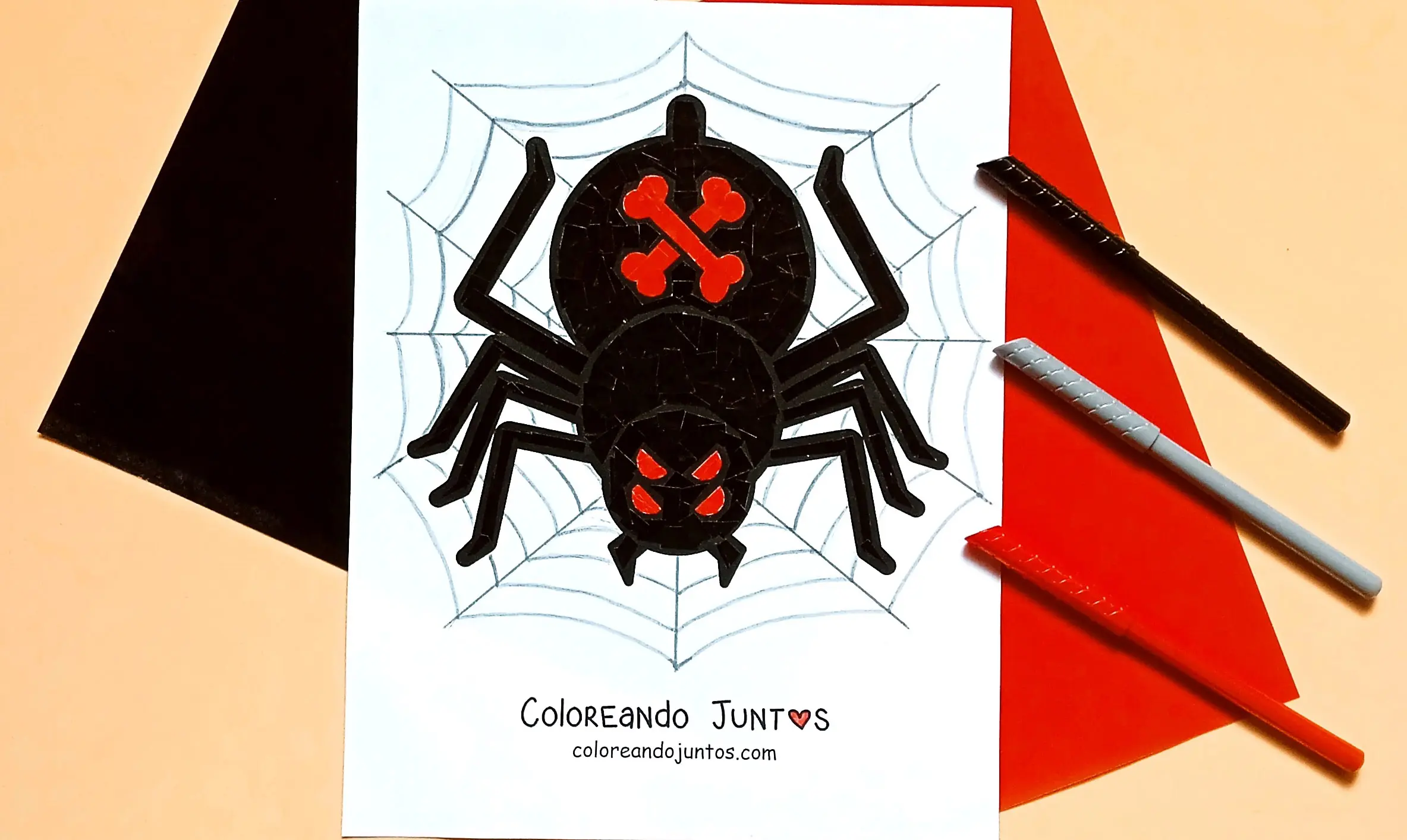 Desenho de aranha de Halloween colorida pela Colorindo Juntos