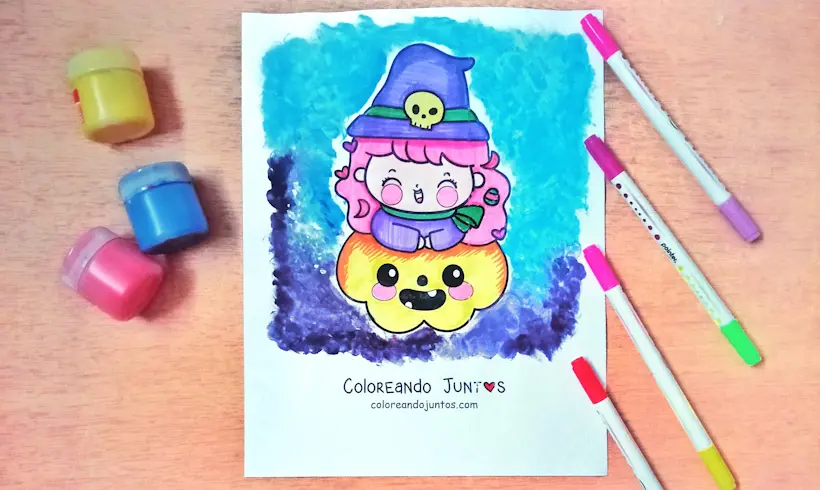 Desenho de Halloween kawaii colorido pela Colorindo Juntos
