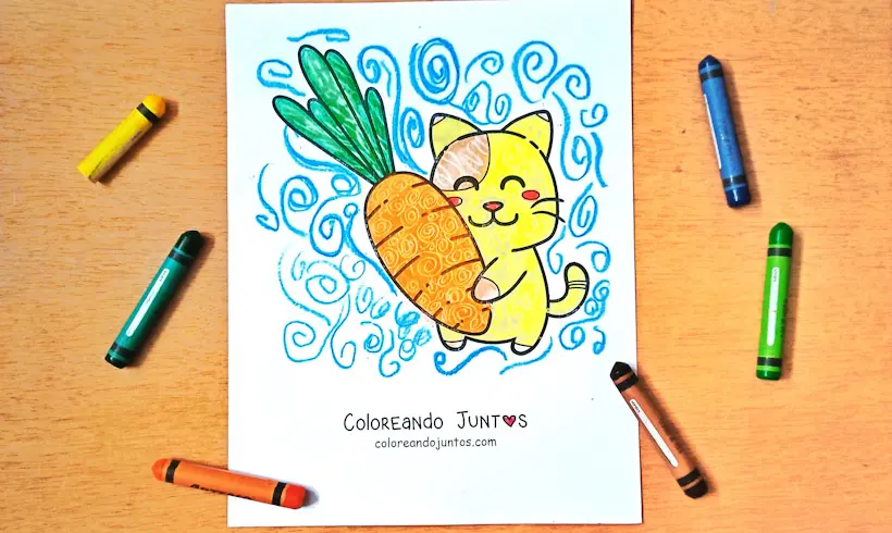 Desenho de um gato animado com uma cenoura colorido com a técnica da raspagem