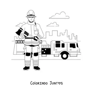 Desenho para colorir de um bombeiro na cidade ao lado de um caminhao