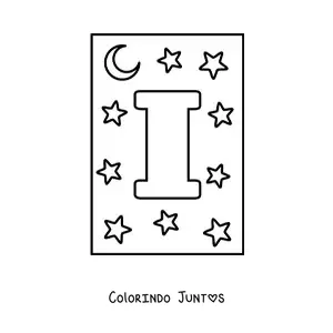Desenho para colorir de letra I maiúscula com estrelas e uma lua