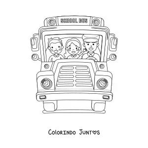 Desenho para colorir da vista frontal de um onibus escolar com alunos