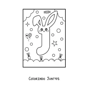 Desenho para colorir de letra J em forma de coelho kawaii animado