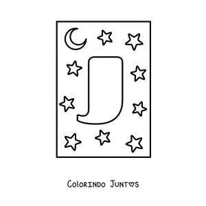 Desenho para colorir de letra J maiúscula com estrelas e uma lua