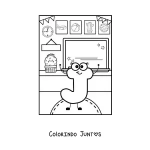 Desenho para colorir da letra J animada na escola