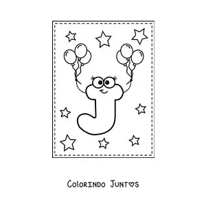 Desenho para colorir da letra J maiúscula animada com balões