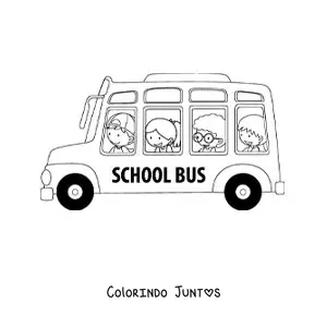 Desenho para colorir de varios alunos animados em um onibus escolar