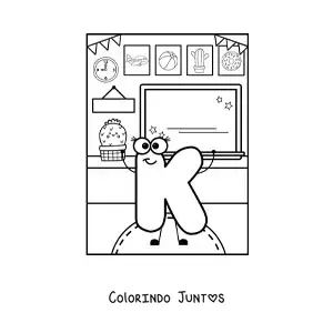 Desenho para colorir da letra K animada na escola