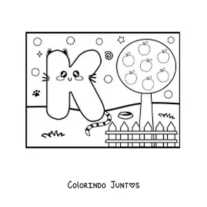 Desenho para colorir da letra K animada em forma de gato no parque