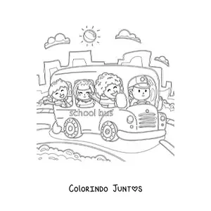 Desenho para colorir de varios alunos felizes em um onibus escolar