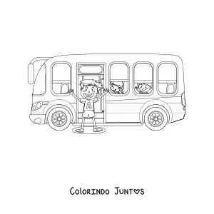 Desenho para colorir de alunos animados em um onibus escolar
