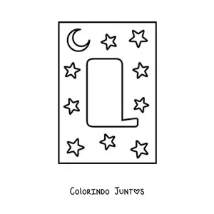 Desenho para colorir de letra L maiúscula com estrelas e uma lua