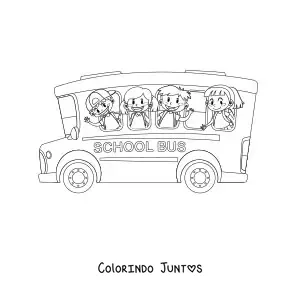 Desenho para colorir de quatro alunos acenando das janelas de um onibus escolar