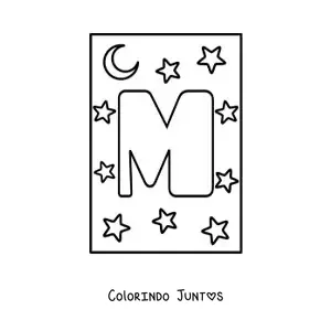 Desenho para colorir de letra M maiúscula com estrelas e uma lua