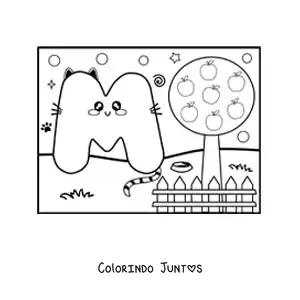 Desenho para colorir da letra M animada em forma de gato no parque