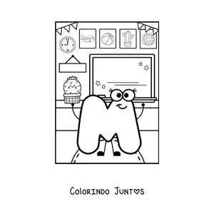 Desenho para colorir da letra M animada na escola