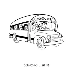 Desenho para colorir de um onibus escolar com motorista e alunos
