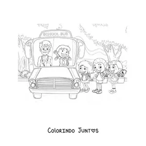 Desenho para colorir de varios alunos subindo no transporte escolar