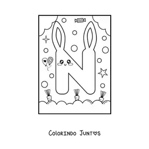 Desenho para colorir de letra N em forma de coelho kawaii animado