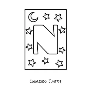 Desenho para colorir de letra N maiúscula com estrelas e uma lua