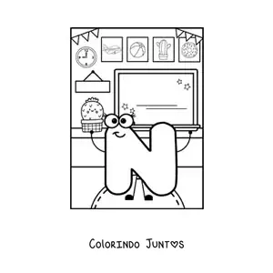 Desenho para colorir da letra N animada na escola