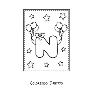 Desenho para colorir da letra N maiúscula animada com balões