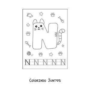 Desenho para colorir da letra N animada em forma de gato