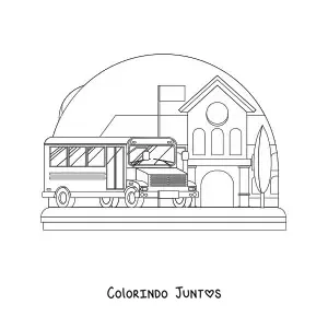 Desenho para colorir de um onibus escolar na escola