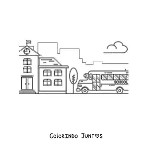 Desenho para colorir de um onibus escolar estacionado ao lado de uma escola