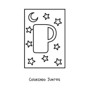 Desenho para colorir da letra P maiúscula com estrelas e uma lua