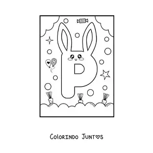 Desenho para colorir da letra P em forma de coelho kawaii animado