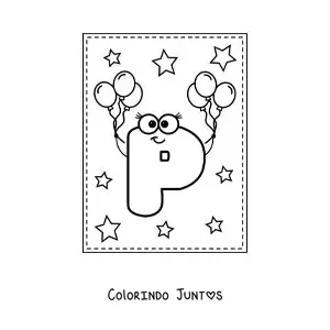 Desenho para colorir da letra P maiúscula animada com balões