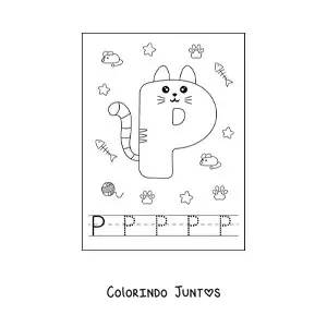 Desenho para colorir da letra P animada em forma de gato