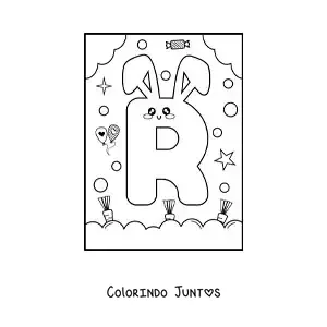 Desenho para colorir da letra R em forma de coelho kawaii animado