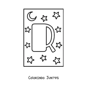 Desenho para colorir da letra R maiúscula com estrelas e uma lua
