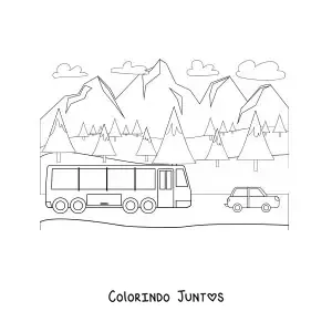 Desenho para colorir de um onibus de viagem circulando pela montanha