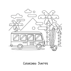 Desenho para colorir de um onibus de viagem na praia