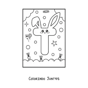 Desenho para colorir da letra T em forma de coelho kawaii animado