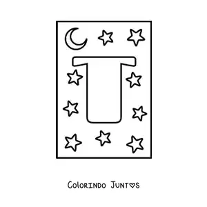 Desenho para colorir da letra T maiúscula com estrelas e uma lua