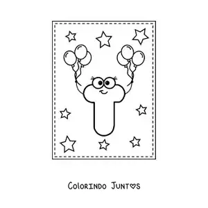 Desenho para colorir da letra T maiúscula animada com balões