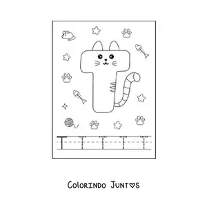 Desenho para colorir da letra T animada em forma de gato