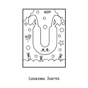 Desenho para colorir da letra U em forma de coelho kawaii animado