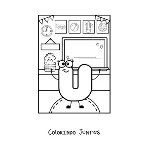 Desenho para colorir da letra U animada na escola