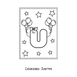 Desenho para colorir da letra U maiúscula animada com balões