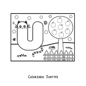 Desenho para colorir da letra U animada em forma de gato no parque