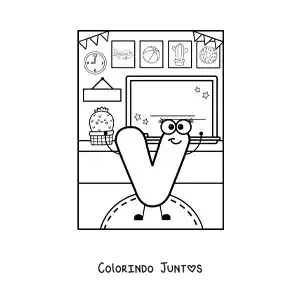 Desenho para colorir da letra V animada na escola