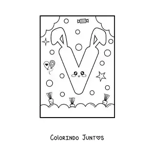 Desenho para colorir da letra V em forma de coelho kawaii animado