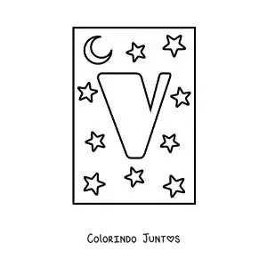 Desenho para colorir da letra V maiúscula com estrelas e uma lua